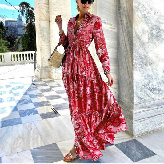 Elegant lapel printed slim long sleeve dress