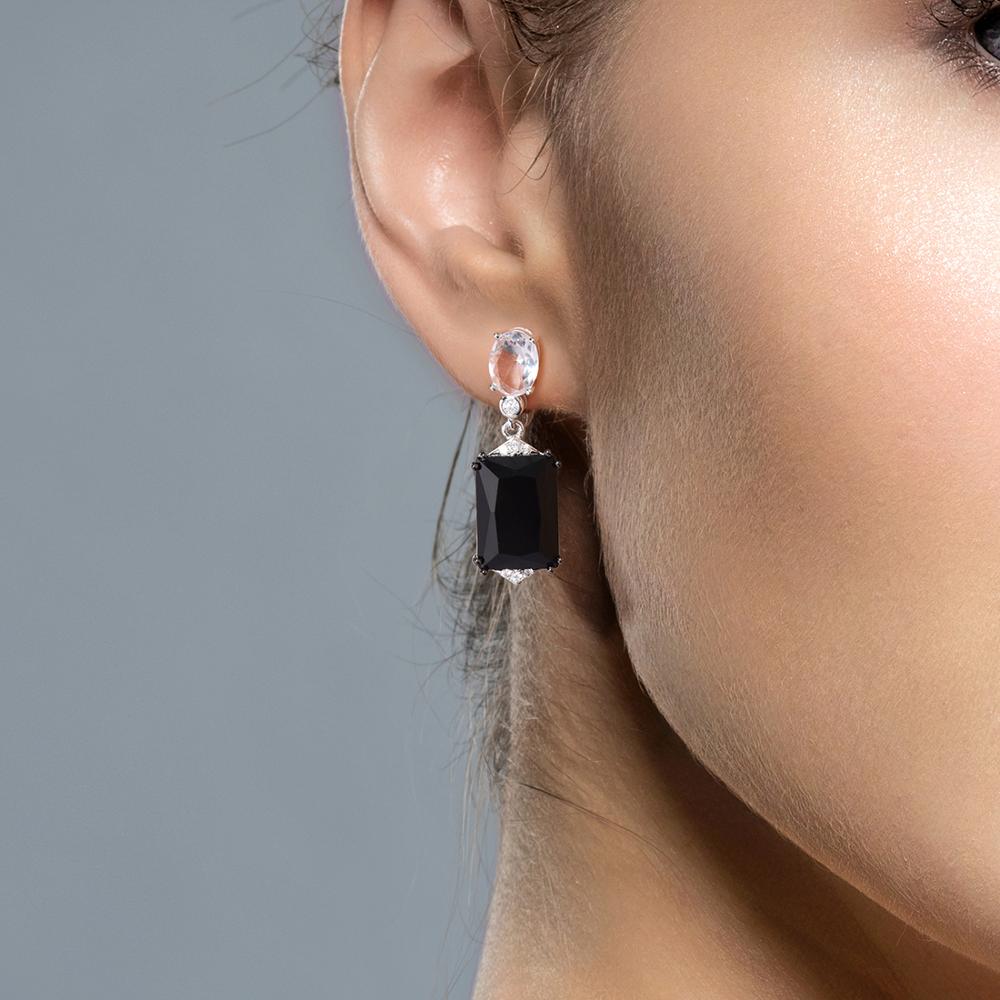 925 Sterling Silver Sparkling White Black Crystal Drop Earrings