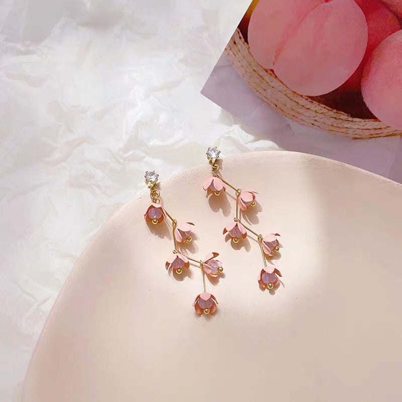 Long Rhinestone Crystal Pink Sakura Flower with Zircon Clip Earrings