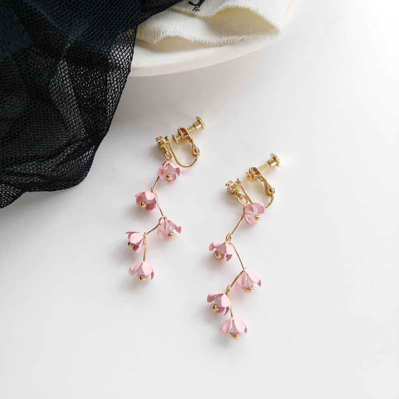 Long Rhinestone Crystal Pink Sakura Flower with Zircon Clip Earrings