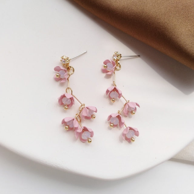 Long Rhinestone Crystal Pink Sakura Flower with Zircon Clip Earrings