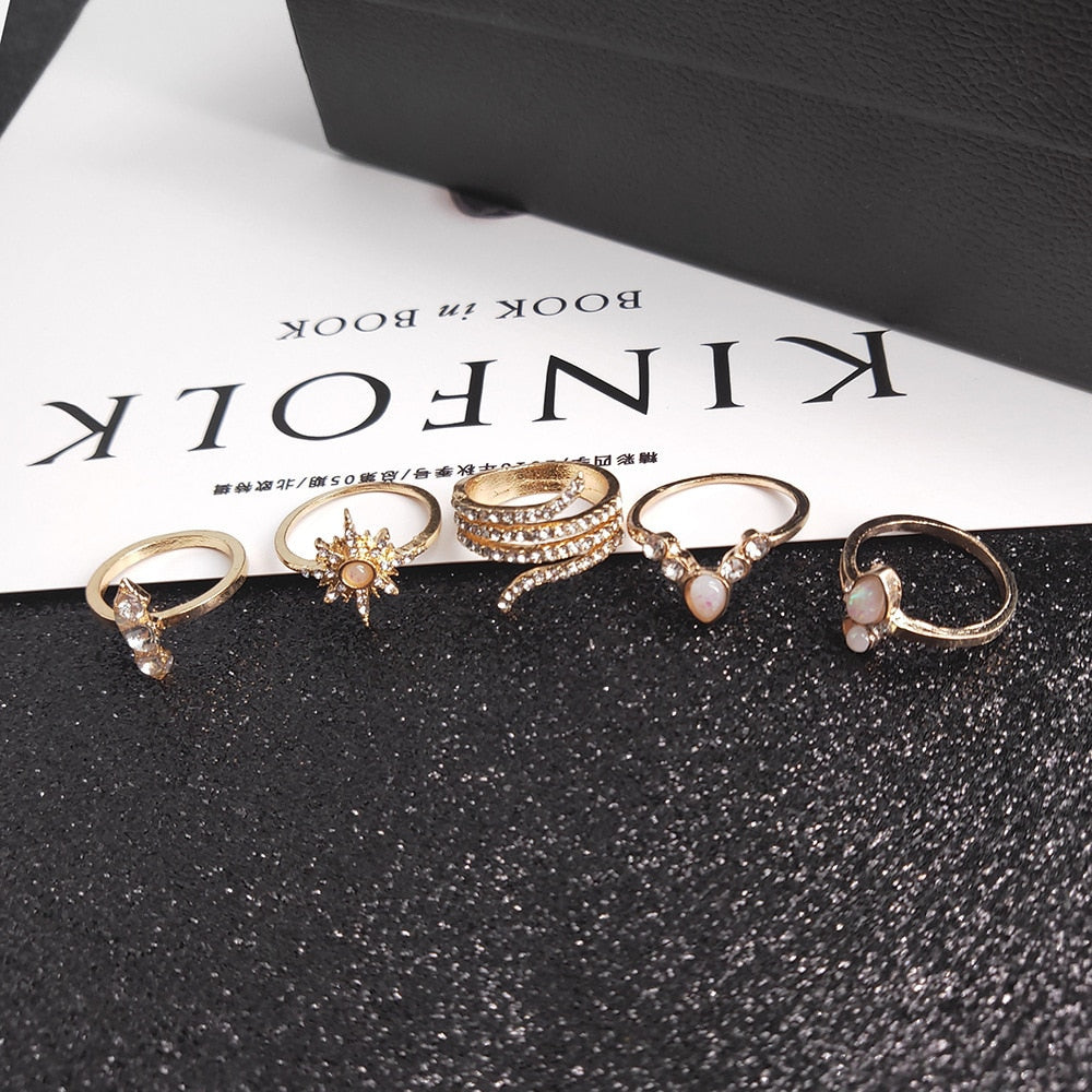 Fashion Crystal Gold color  Geometric Knuckle Rings set