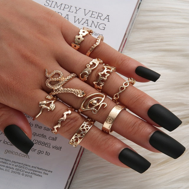 Fashion Crystal Gold color  Geometric Knuckle Rings set