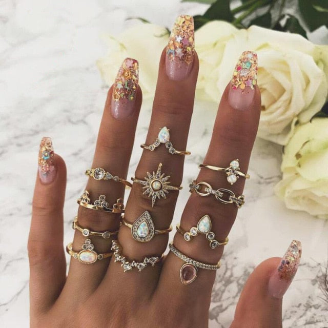 Fashion Crystal Gold color  Geometric Knuckle Rings set