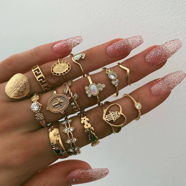 Fashion Crystal Gold color  Geometric Knuckle Rings set