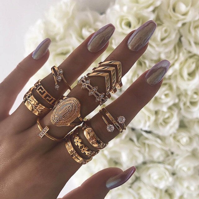 Fashion Crystal Gold color  Geometric Knuckle Rings set