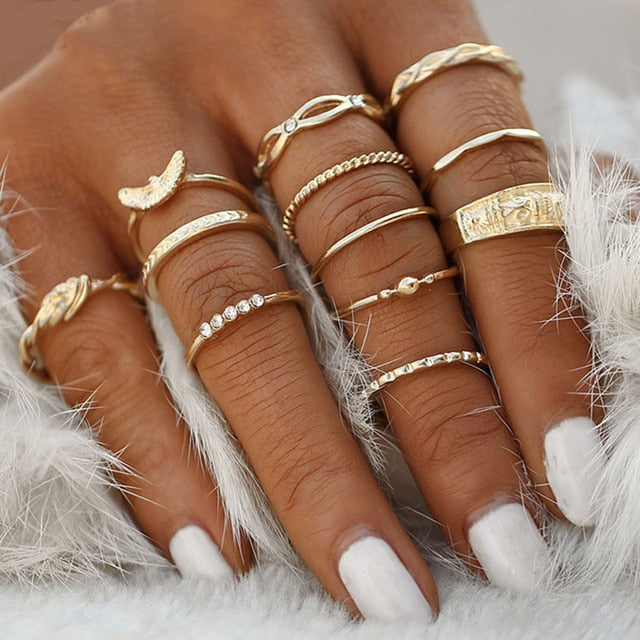 Fashion Crystal Gold color  Geometric Knuckle Rings set