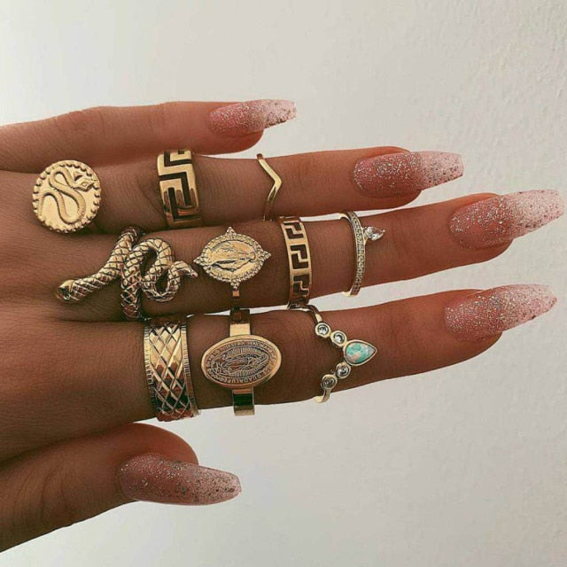 Fashion Crystal Gold color  Geometric Knuckle Rings set