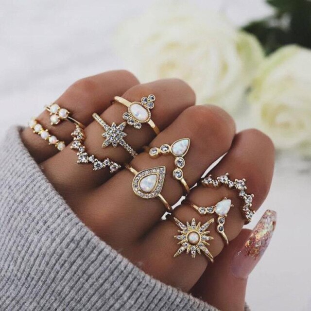 Fashion Crystal Gold color  Geometric Knuckle Rings set