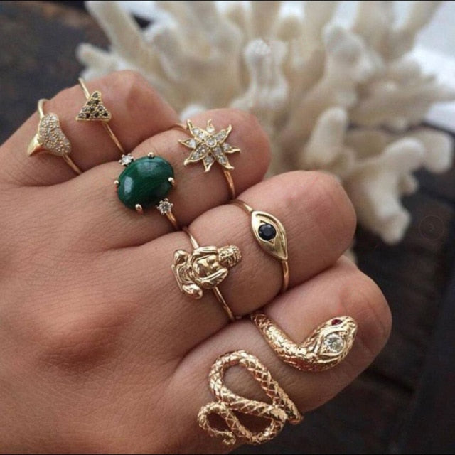 Fashion Crystal Gold color  Geometric Knuckle Rings set