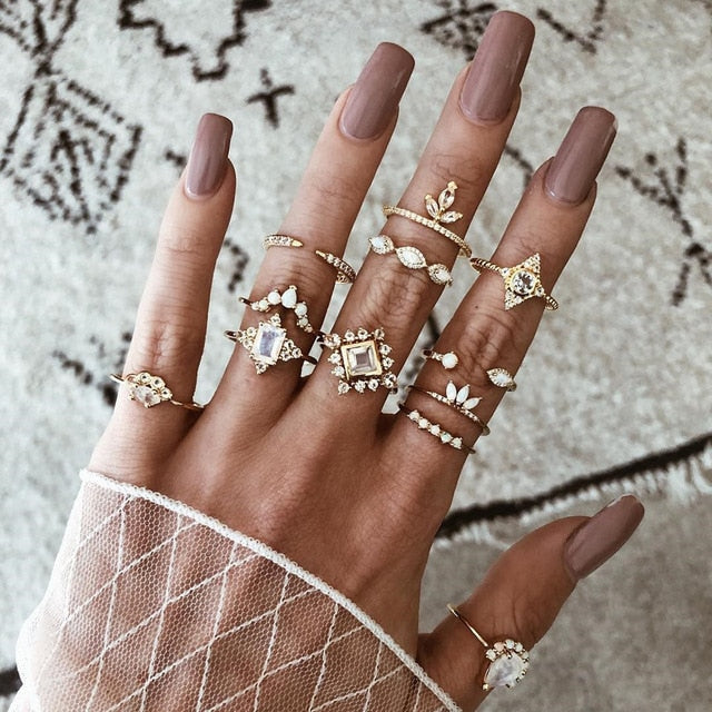 Fashion Crystal Gold color  Geometric Knuckle Rings set