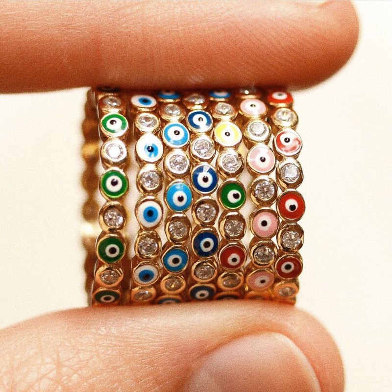 Bohemian Rainbow Evil Eye Rhinestone Filled Gold Rings