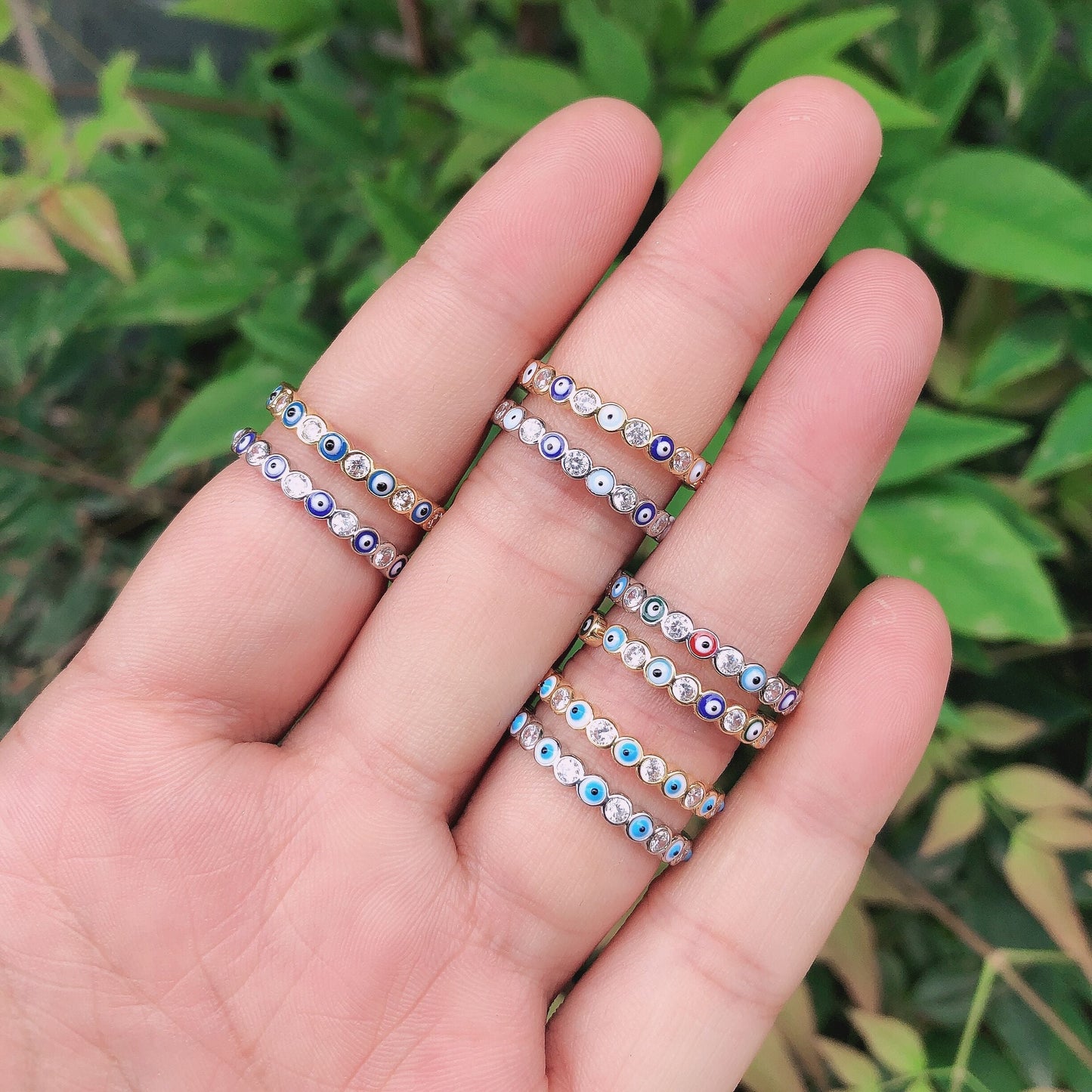 Bohemian Rainbow Evil Eye Rhinestone Filled Gold Rings