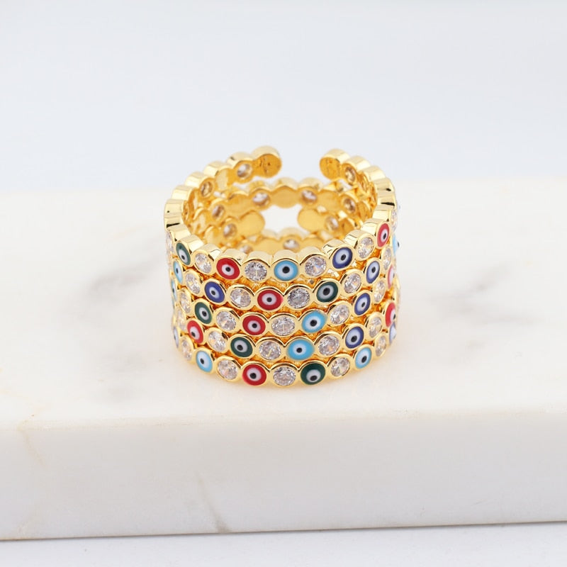 Bohemian Rainbow Evil Eye Rhinestone Filled Gold Rings