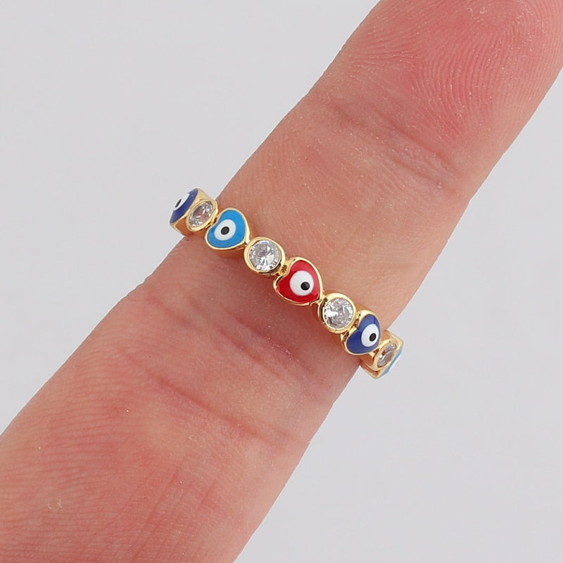 Bohemian Rainbow Evil Eye Rhinestone Filled Gold Rings