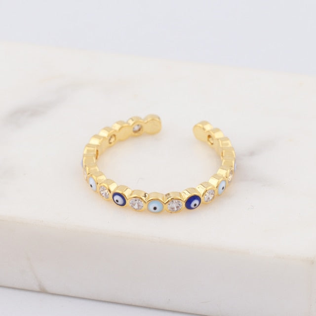 Bohemian Rainbow Evil Eye Rhinestone Filled Gold Rings