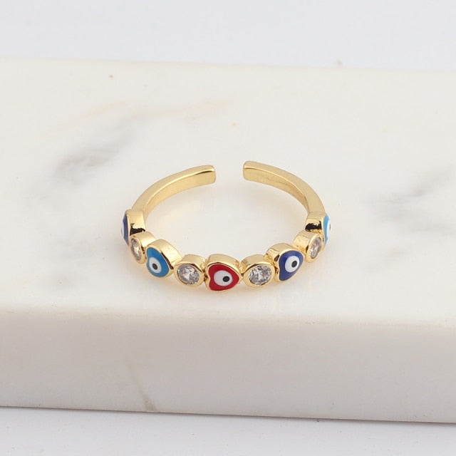 Bohemian Rainbow Evil Eye Rhinestone Filled Gold Rings