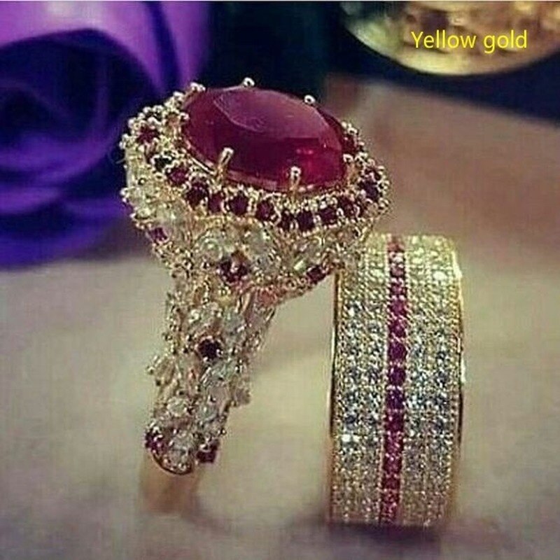 Fashion Inlaid Zircon Red Crystal Wedding Rings Set