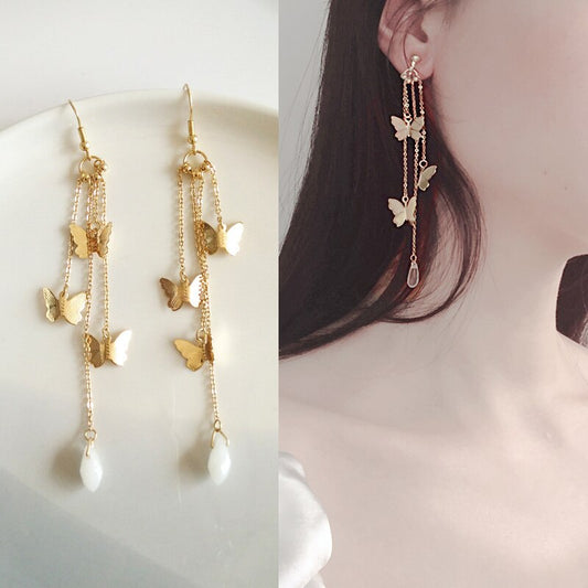 Korean Style Retro Super Fairy Butterfly Tassel Long Clip on Earrings