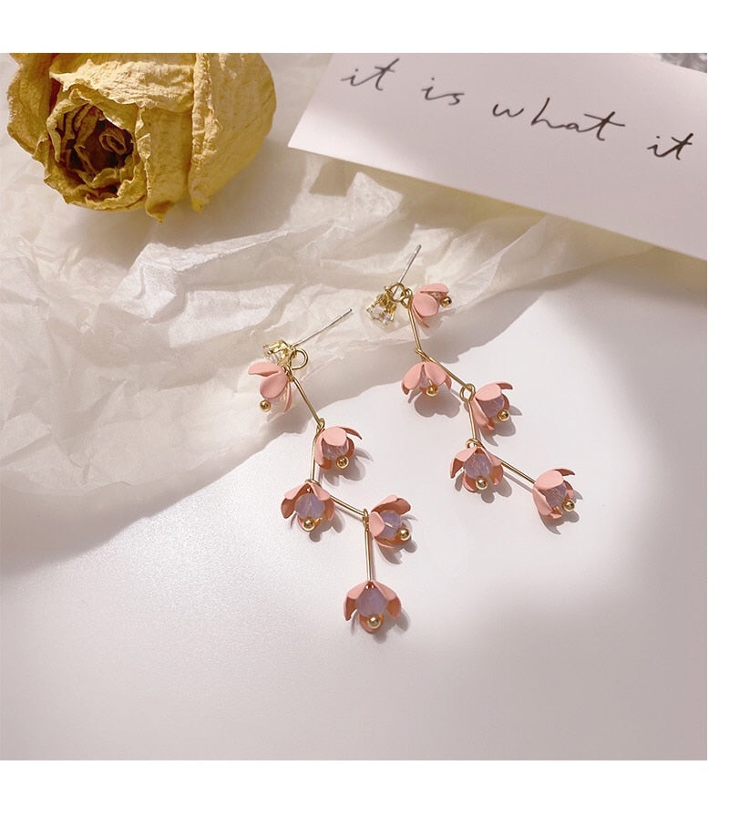 Long Rhinestone Crystal Pink Sakura Flower with Zircon Clip Earrings